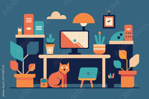 Abstract illustration of a workspace featuring a computer, cat, plants, and office supplies in a flat design