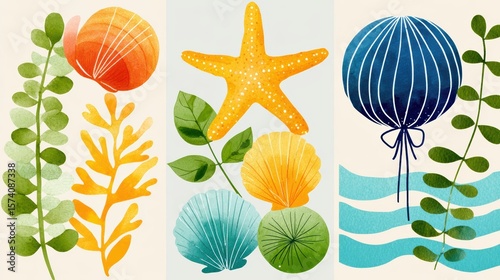 Colorful Marine Flora and Fauna Illustration Featuring Seaweed Starfish and Jellyfish