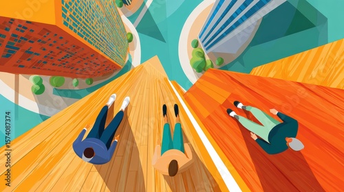 Aerial View of Three People Relaxing on a Colorful Urban Rooftop Surrounded by Skyscrapers