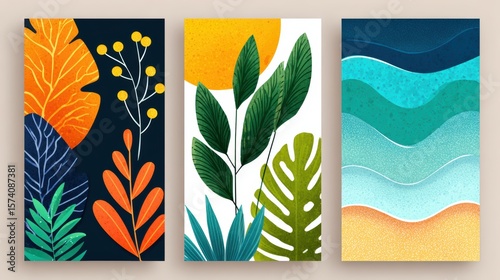 Colorful Botanical Illustration Featuring Leaves and Abstract Patterns in Vibrant Tones