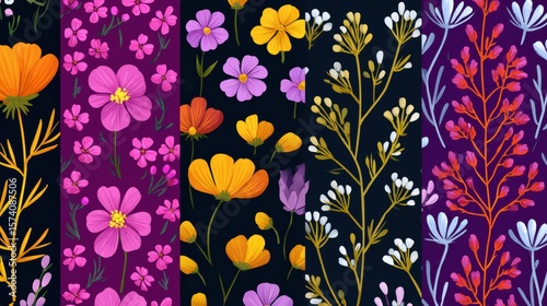 Colorful Floral Pattern with Varied Wildflowers on Dark Background in Vibrant Botanical Design