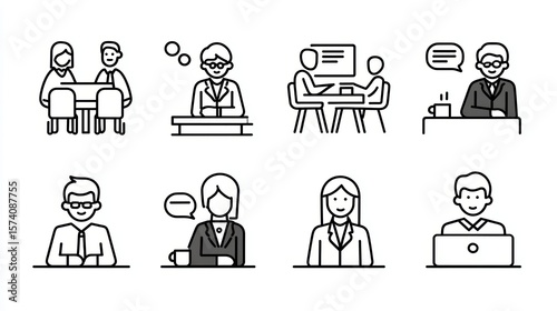 Illustration of Diverse Business Professionals Engaging in Various Office Activities and Discussions