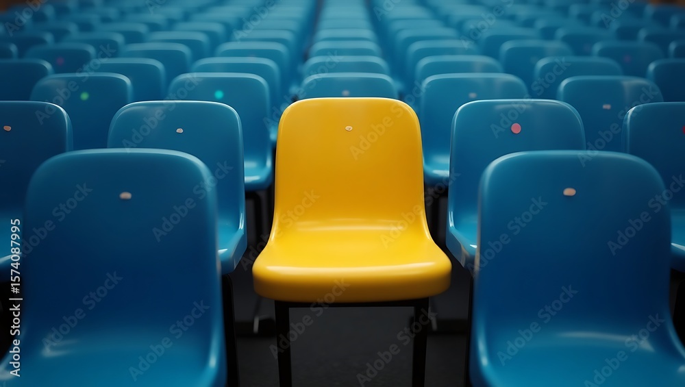 Fototapeta premium A single yellow seat stands out among rows of blue seats in an auditorium or stadium setting