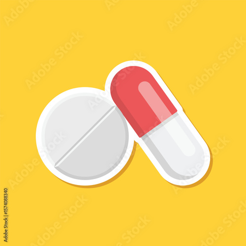 Pill paper sticker icon in flat style. Drug vector illustration on isolated background. Medicine pharmacy sign business concept.