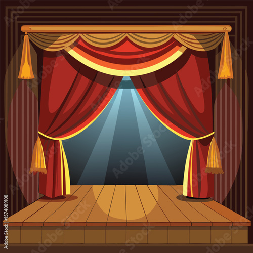 Red velvet curtains on wooden stage theater