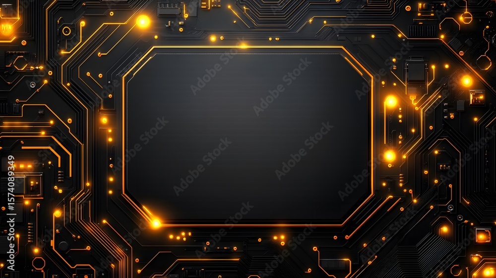 Glowing Circuit Board with Central Black Area and Orange Lights Glowing Circuit Board with Central Black Area and Orange Lights