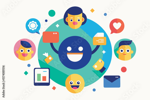 Colorful flat design illustration depicting customer service social media engagement and business communication