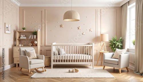 A cozy and beautifully decorated nursery with a crib, rocking chair, and soft lighting.