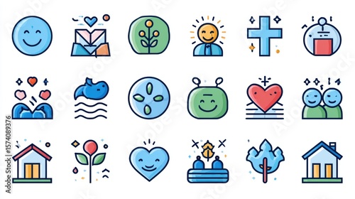 Set of Colorful Icons Representing Positive Emotions and Community Values in Minimalist Design