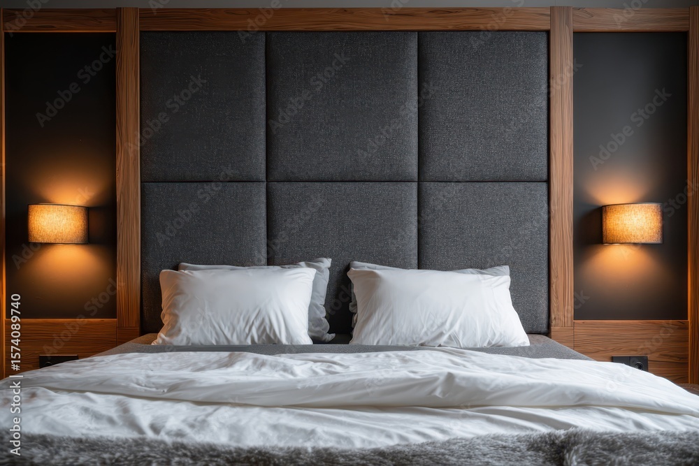 Obraz premium Hotel room bed, lamps illuminate wall; for lodging promotions or interior design