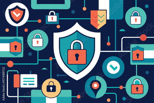 Cybersecurity illustration depicting network security and data protection with padlocks and shield icons