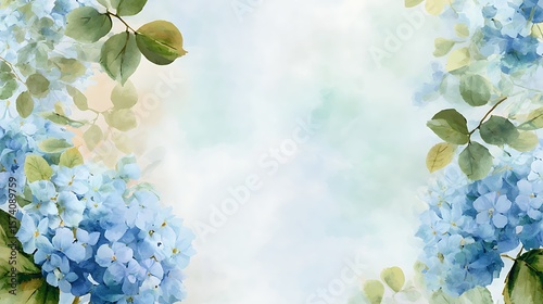 Soft blue hydrangea flowers and green leaves border with copy space