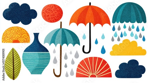 Colorful Illustrations of Umbrellas, Clouds, and Raindrops in a Whimsical Style