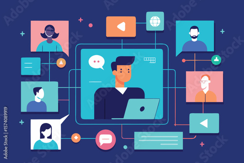 Digital networking and collaboration illustration featuring remote team communication and modern technology interactions.