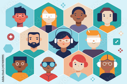 Diverse group of people wearing accessories and headwear in geometric hexagonal frames illustration