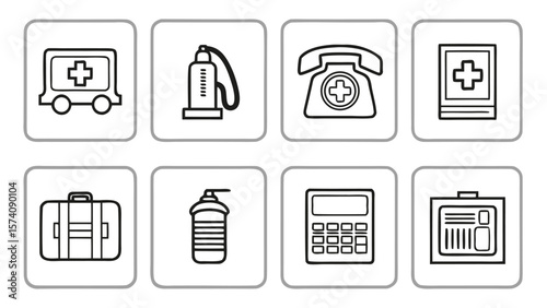 Collection of medical and emergency service icons in a simple line art style