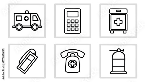 Collection of simple line art icons representing emergency medical and safety equipment