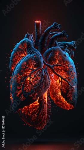 Vertical banner, wallpaper for social media of A red glowing hologram of a human lung on a black background, showing an anatomically correct human lung without unnecessary details