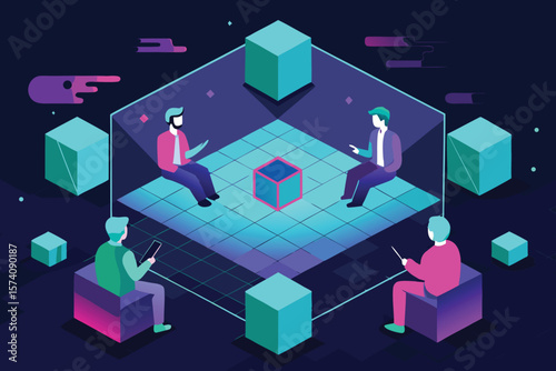 Four professionals collaborate within a digital isometric workspace to analyze and strategize creative concepts in a futuristic environment.
