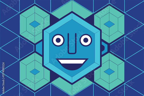Geometric smiling face illustration with a modern abstract style and various shades of blue