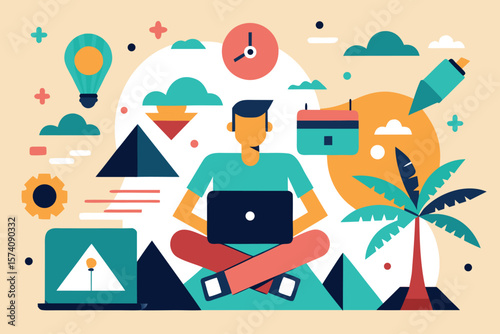 Freelance work lifestyle illustration of a man working on a laptop with a creative concept design