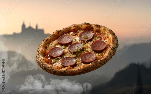 A whimsical pizza dreamscape with pepperoni slices over blurred castles at sunset in soft diffused