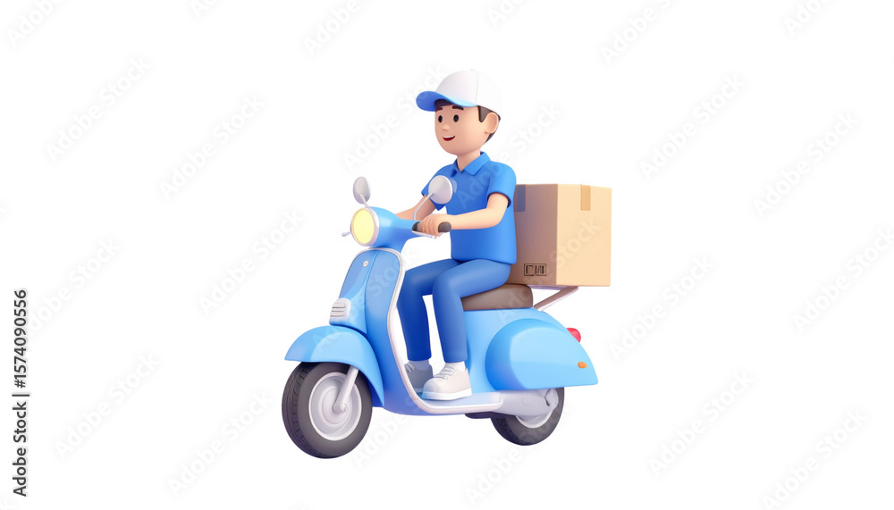 Cartoon delivery man riding a blue scooter with a package on the back, isolated on white. Cartoon delivery man riding a blue scooter with a package on the back, isolated on white.