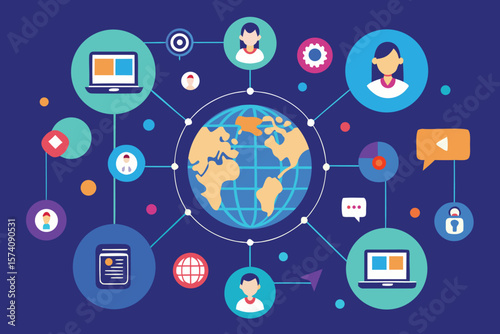 Global network of communication connecting people worldwide through digital devices and information sharing