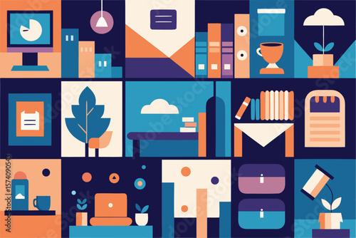 Geometric workplace elements representing daily life office supplies and objects in a modern art style