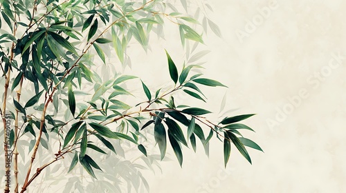 Delicate bamboo branches with lush green leaves against a soft textured background