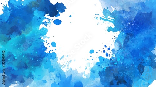 Abstract blue watercolor splashes and drips on white background