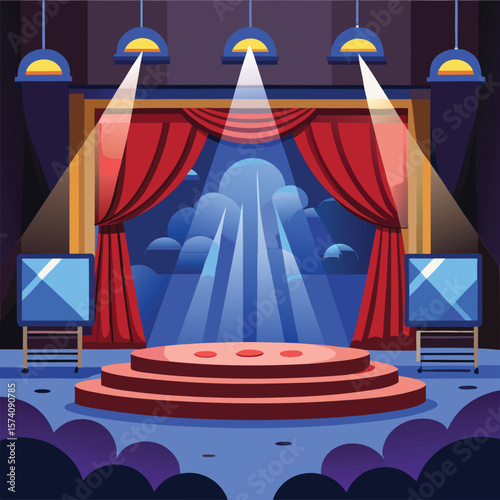 Theatrical stage red curtains spotlights blue haze