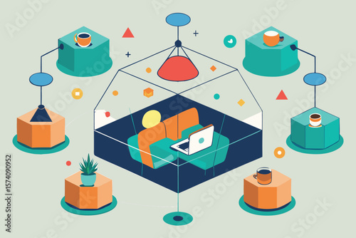 Isometric illustration of a person working remotely on a laptop with coffee and plant elements included.