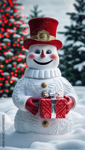 Vertical banner, wallpaper for social media of A jovial white snowman, carved with intricate details and a cheerful smile, stands proudly on a pristine white snowy background, vibrant red top hat