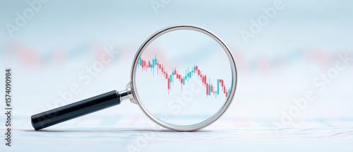 Analyzing market trends through a magnifying glass financial sector digital visualization minimalist environment close-up view economic insights