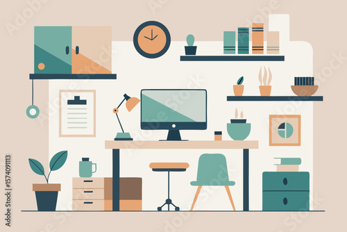 Minimalist home office illustration showcasing desk workspace plants and decorative elements in geometric forms