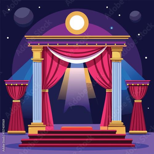 Theatrical stage with velvet curtains and spotlights