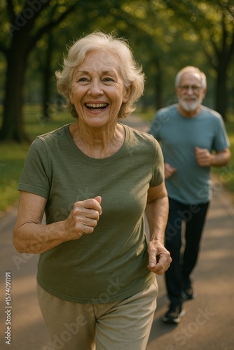 Happy senior couple jogging in green park on sunny morning