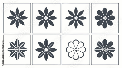 Collection of eight different dark gray abstract floral geometric patterns on white background