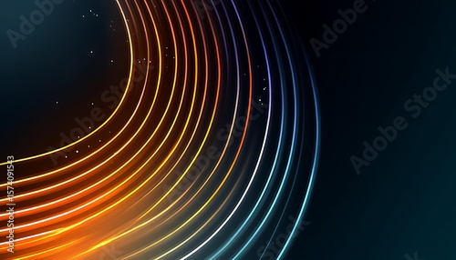 Bright circular stripe design flows across navy high-definition glowing background.
