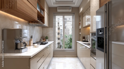 A small yet elegant kitchen with compact storage, neutral colors, and modern aesthetics