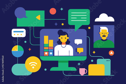 Modern illustration depicting digital communication video conference and networked connections with stylized people and charts