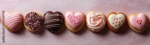Valentine’s day cookies with different flavors of frosting and sprinkles on a pink surface food background banner