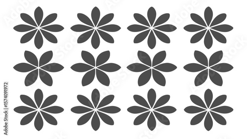 Seamless pattern of dark grey eight petal flowers on a white background