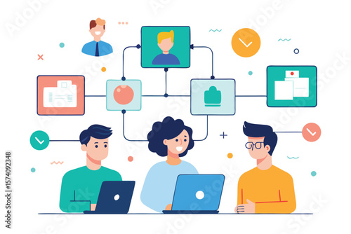 Team collaboration and project workflow visualized with modern illustrations and connected network design