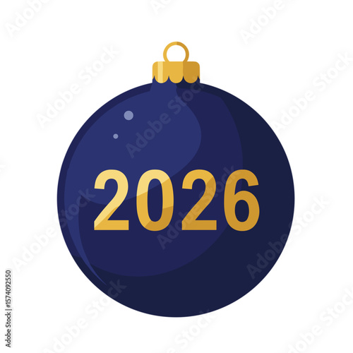  2026 golden number on dark blue glass Christmas ornament -  illustration isolated on transparent PNG