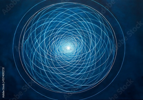 Bright glowing lines create concentric abstract circles on dark blue canvas.