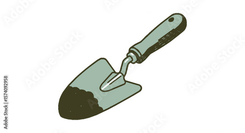 A hand trowel with soil, ready for gardening and planting.