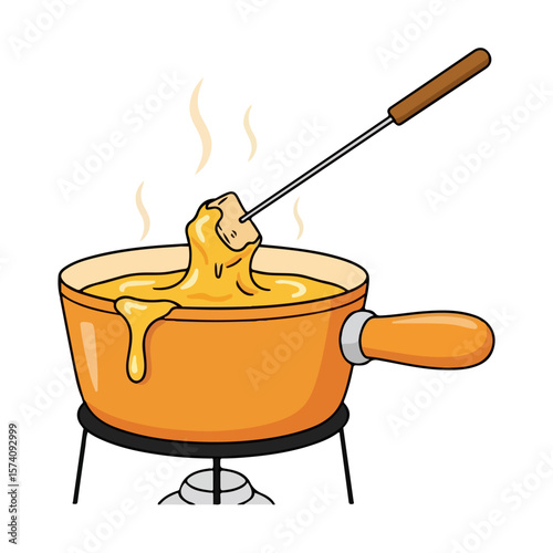 Fondue pot with melted cheese skewer, a little steam on top, symbol of Swiss National Day. Vector flat design cartoon. AI generated images.