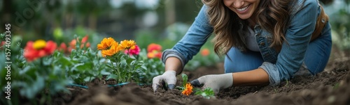 Smiling woman in blue shirt and white gloves kneeling in a garden banner copy space
